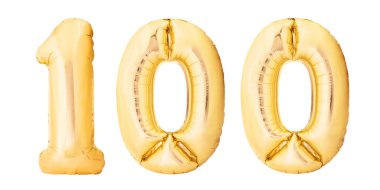 Beyaz arka planda izole edilmiş 100 numaralı altın şişirilebilir balon.