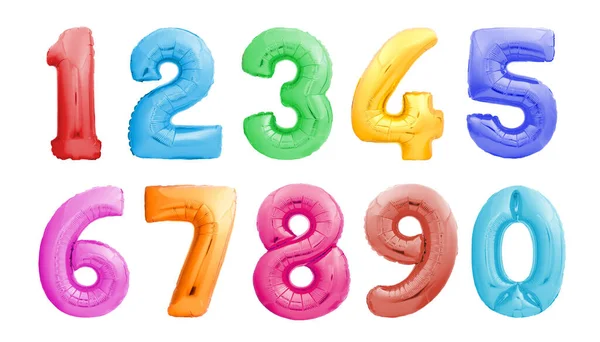 Balões de hélio coloridos formando um conjunto de números completos isolados no fundo branco . — Fotografia de Stock