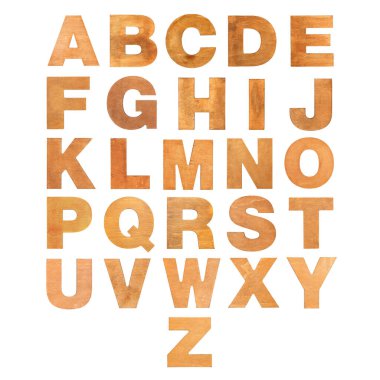 Tahta alfabe yazı tipi beyaz arkaplanda izole edildi