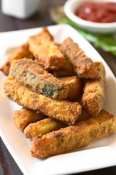 Breaded Fried Zucchini Sticks Ketchup Back Photographed Natural Light Selective — Stock Photo, Image