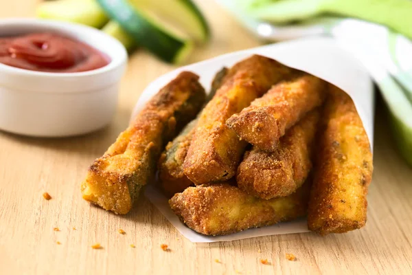 Breaded Fried Zucchini Sticks Paper Cone Ketchup Back Photographed Natural — Stock Photo, Image