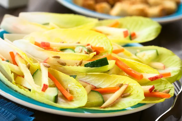 Fresh Salad Endive Leaves Cucumber Carrot Apple Sunflower Seeds Photographed — Stock Photo, Image