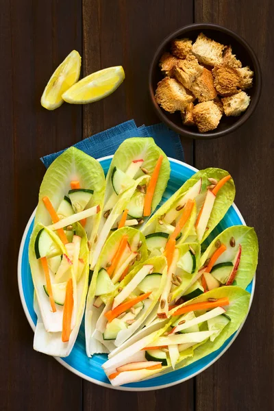Fresh Salad Endive Leaves Cucumber Carrot Apple Sunflower Seeds Croutons — Stock Photo, Image