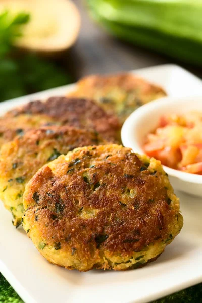 Zucchini Couscous Parsley Fritters Tomato Onion Dip Side Photographed Natural — Stock Photo, Image