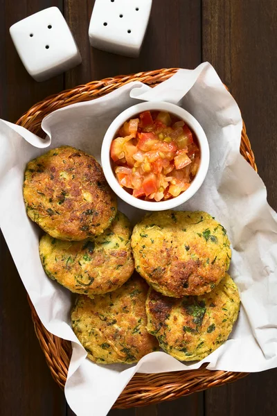 Zucchini, couscous and parsley fritters with cooked tomato and onion salsa in basket, photographed overhead with natural light (Selective Focus, Focus on the top of the fritters and the salsa)