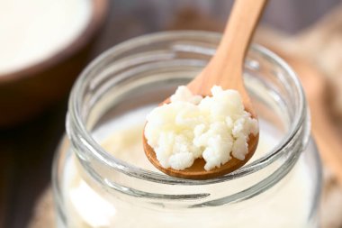 Süt kefir taneleri üzerinde tahta kaşık kefir doğal ışık (seçici odak, odak ortasında kefir taneleri ile fotoğraflandı, bir kavanoz üstünde)