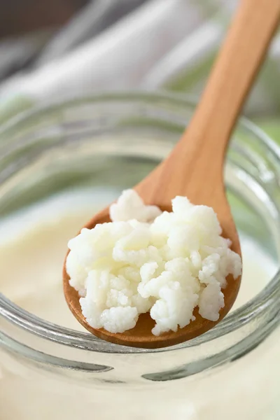 Grani Kefir Latte Cucchiaio Legno Sulla Cima Barattolo Kefir Fotografati — Foto Stock