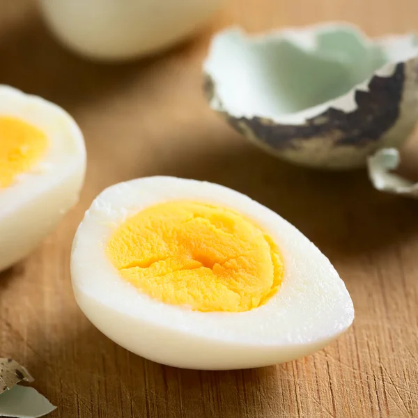 Hard Boiled Quail Egg Half Egg Shells Wooden Board Photographed — Stock Photo, Image