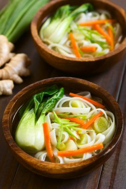 Çin lahanası, havuç ve soğan, doğal ışık (seçici odak, odak ilk çorba ortasında ile fotoğraflandı vejetaryen Asya pirinç şehriye çorbası)