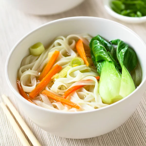 Vegetarian Asian Rice Noodle Soup Bok Choy Carrots Spring Onion — Stock Photo, Image