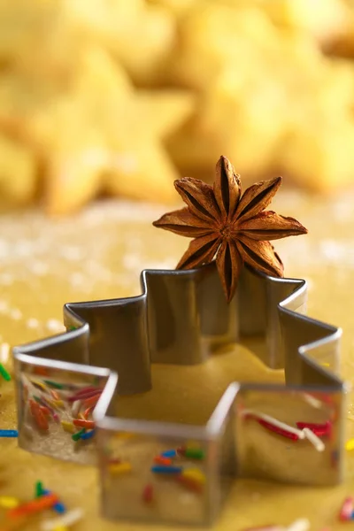 Star Anise Christmas Tree Shaped Cookie Cutter Lying Dough Cookies — Stock Photo, Image