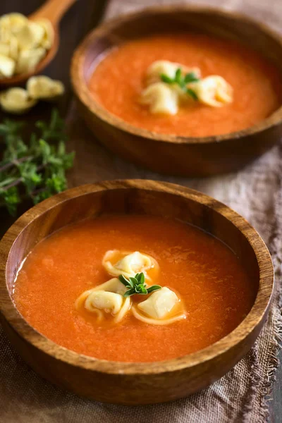 Homemade Fresh Cream Tomato Soup Tortellini Garnished Fresh Oregano Served — Stock Photo, Image