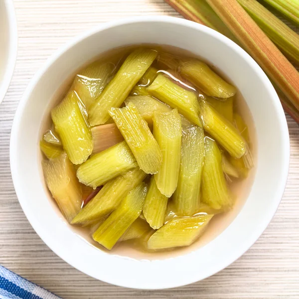 Fresh Homemade Rhubarb Compote Bowl Photographed Overhead Natural Light Selective — Stock Photo, Image