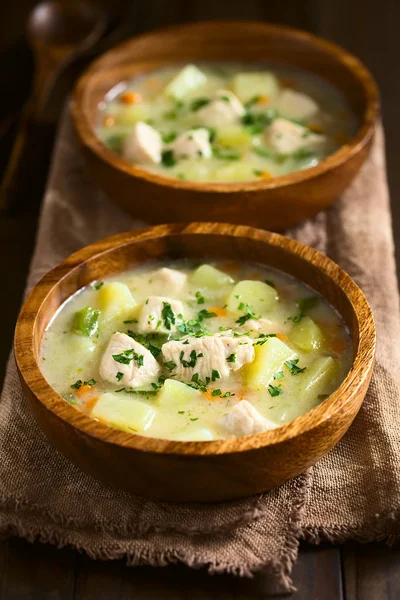 Kyckling Och Potatis Chowder Soppa Med Grön Paprika Och Morot — Stockfoto