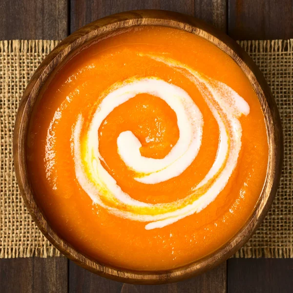 Fresh Homemade Cream Carrot Soup Swirl Cream Top Served Wooden — Stock Photo, Image