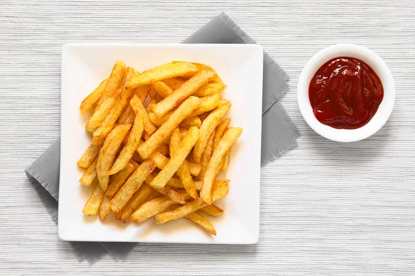 Fresh Homemade Crispy French Fries Plate Small Bowl Ketchup Side — Stock Photo, Image