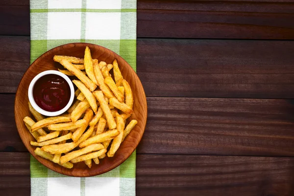 Fresh Homemade Crispy French Fries Small Bowl Ketchup Wooden Plate — Stock Photo, Image