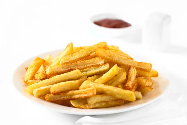 Fresh Homemade Crispy French Fries Plate Small Bowl Ketchup Salt — Stock Photo, Image