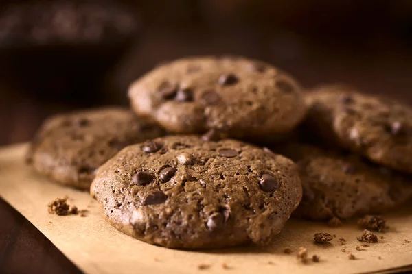 Homemade Double Chocolate Chip Cookies Photographed Dark Wood Natural Light — Stock Photo, Image