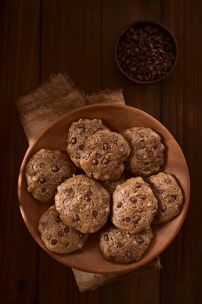 Homemade Double Chocolate Chip Cookies Rustic Plate Chocolate Chips Small — Stock Photo, Image