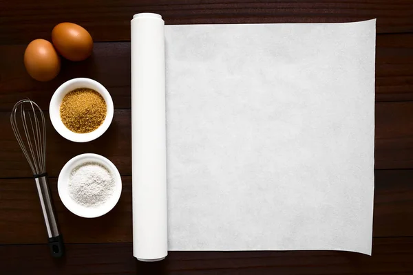 Roll White Baking Paper Whisk Baking Ingredients Flour Sugar Eggs — Stock Photo, Image