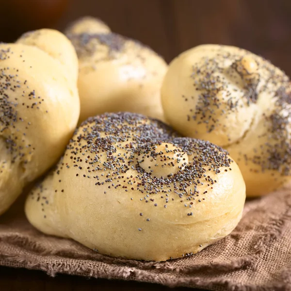 Homemade Poppy Seed Bread Rolls Fabric Dark Wood Photographed Natural — Stock Photo, Image