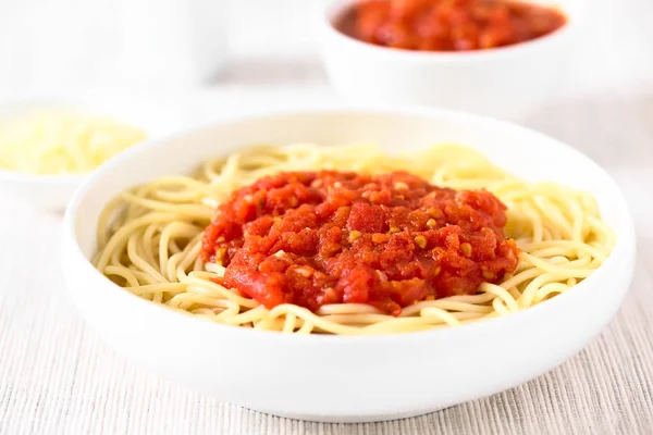 Espaguetis Italianos Tradicionales Allá Marinara Espaguetis Con Salsa Tomate Tazón — Foto de Stock