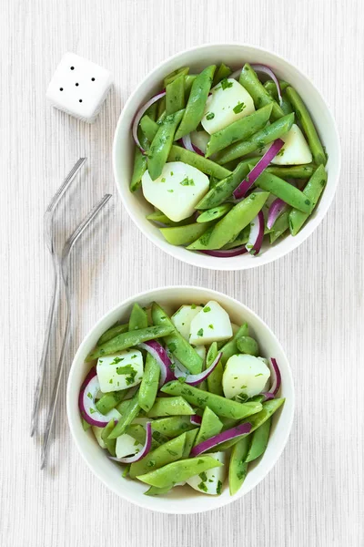 Green Bean Potato Red Onion Salad Parsley Served Bowls Photographed — Stock Photo, Image