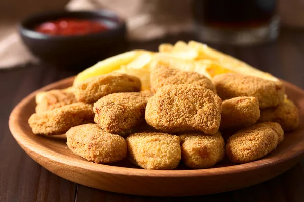 Fried Breaded Crispy Chicken Nuggets French Fries Wooden Plate Ketchup — Stock Photo, Image