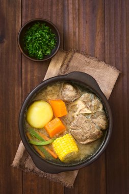 Geleneksel Şili Cazuela de Vacuno veya Cazuela de Carne, patates, Mısır, kabak, havuç, biber, soğan ve pirinç, et çorbası maydanoz tarafında, ek yükü doğal ışık ile karanlık ahşap üzerine fotoğrafı kes