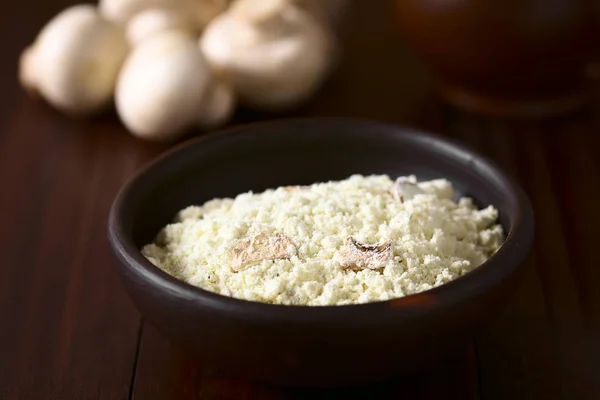 Instant mushroom soup powder in rustic bowl, photographed on dark wood with natural light (Selective Focus, Focus one third into the soup powder) — Stock Image Instant Mushroom Soup Powder Rustic Bowl Photographed Dark Wood Natural Stock Image