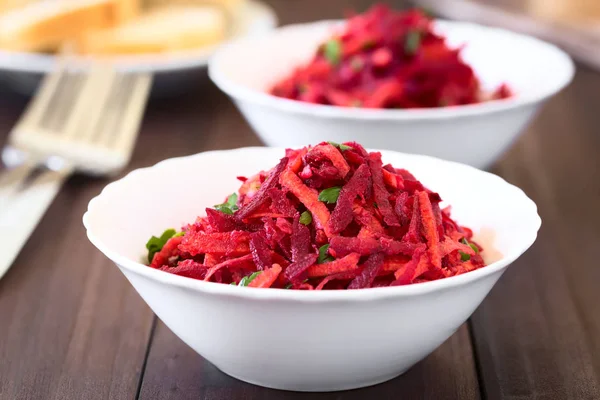 Salada Beterraba Ralada Crua Maçã Cenoura Com Salsa Fotografada Com — Fotografia de Stock