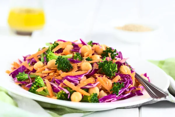 Fresh Red Cabbage Chickpea Carrot Broccoli Salad Plate Photographed Natural — Stock Photo, Image