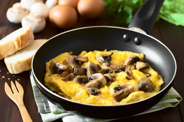 Homemade Omelette Mushroom Frying Pan Ingredients Back Photographed Natural Light — Stock Photo, Image