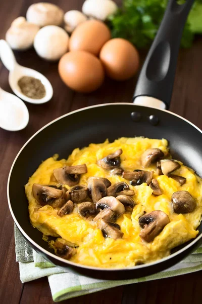 Hausgemachtes Omelett Mit Pilzen Der Pfanne Mit Zutaten Rücken Fotografiert — Stockfoto