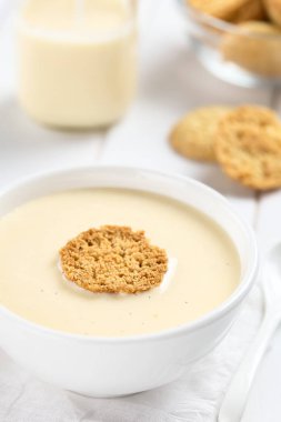 Ev yapımı geleneksel Danimarka soğuk ayran koldskal tatlı çorba ile Crisp kammerjunkere Cookie üst (seçici odak, çerez ön odaklanmak)