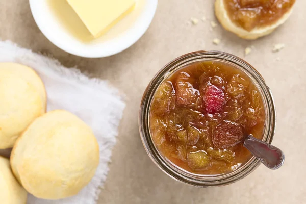 Homemade Rhubarb Jam Jar Scones Butter Side Photographed Overhead Selective — Stock Photo, Image