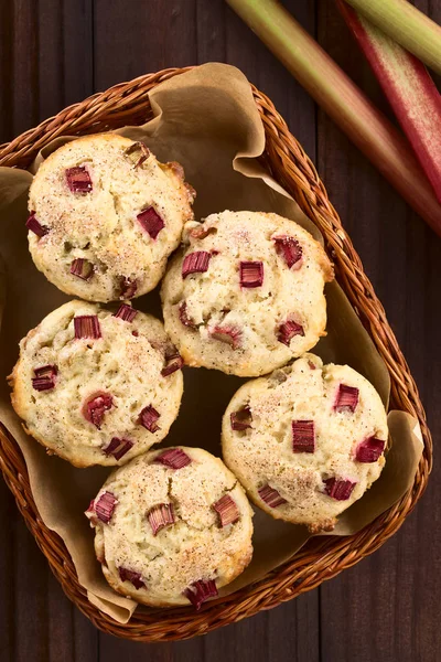 Fresh homemade rhubarb yogurt muffins sprinkled with cinnamon and sugar (Selective Focus, Focus on the top of the muffins)