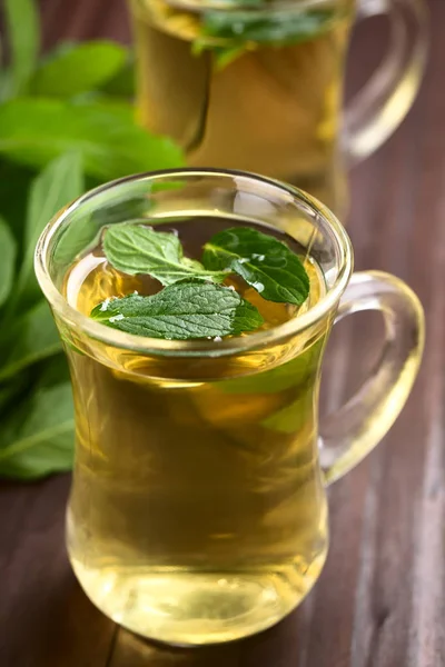 Freshly Prepared Mint Herbal Tea Glasses Garnished Mint Leaves Selective — Stock Photo, Image