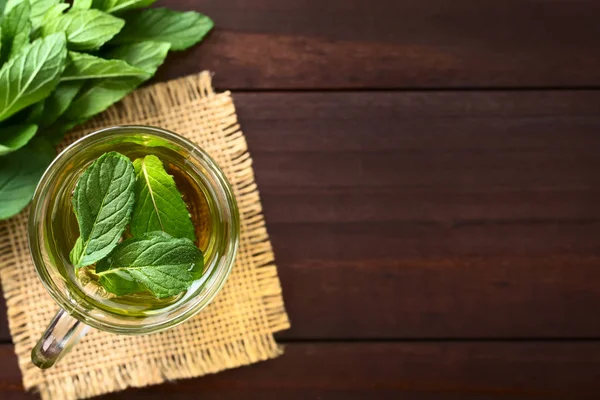 Freshly Prepared Mint Herbal Tea Glass Garnished Mint Leaves Photographed — Stock Photo, Image