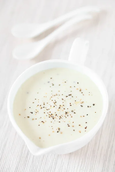 Homemade French Bechamel White Sauce Served Sauce Boat Photographed Natural — Stock Photo, Image