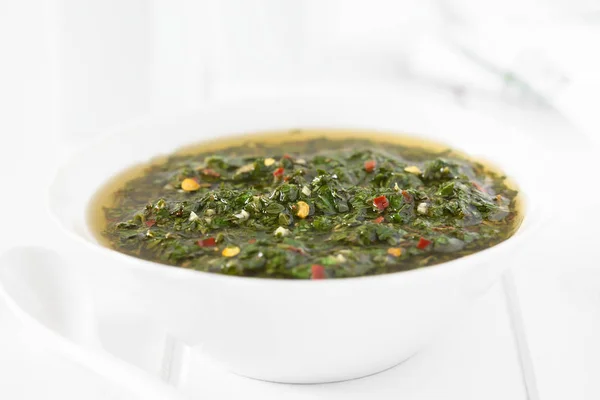 Raw Homemade Argentinian Green Chimichurri Chimmichurri Salsa Sauce Made Parsley — Stock Photo, Image