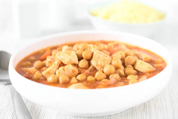Chicken Chickpea Stew Tagine White Bowl Couscous Back Photographed Natural — Stock Photo, Image