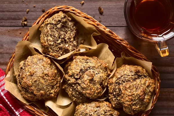 Fresh Homemade Banana Oatmeal Walnut Muffins Basket Cup Tea Side — Stock Photo, Image