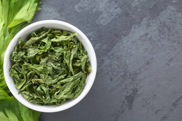 Dried Celery Leaves Used Seasoning Soups Stews Photographed Overhead Slate — Stock Photo, Image