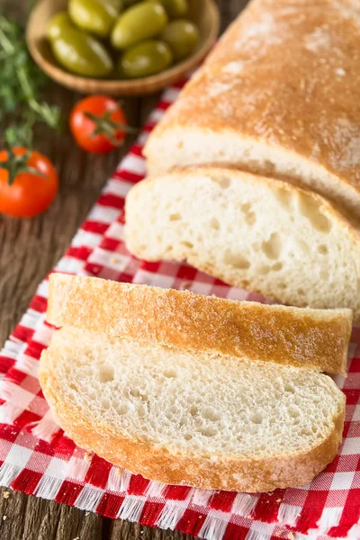 Fresh Italian Ciabatta Bread Sliced Cherry Tomatoes Green Olives Side — Stock Photo, Image