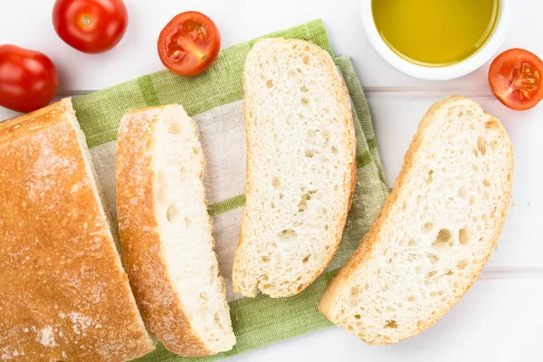 Fresh Italian Ciabatta Bread Sliced Cherry Tomatoes Olive Oil Side — Stock Photo, Image