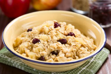 Taze ev yapımı vegan elması, yulaf ezmesi, kızılcık ve tarçın lapası, arkada malzemeler (Seçici Odak, görüntünün ortasına odaklan)