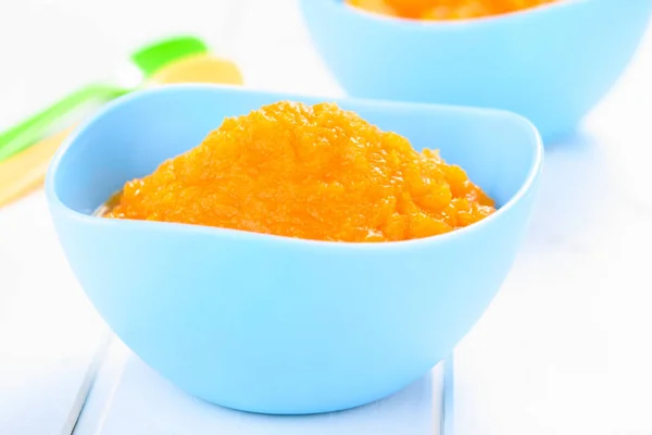 Fresh Homemade Vegan Pumpkin Puree Mash Blue Bowl Can Used — Stock Photo, Image