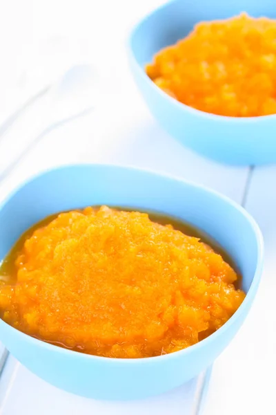 Fresh Homemade Vegan Pumpkin Puree Mash Blue Bowls Can Used — Stock Photo, Image